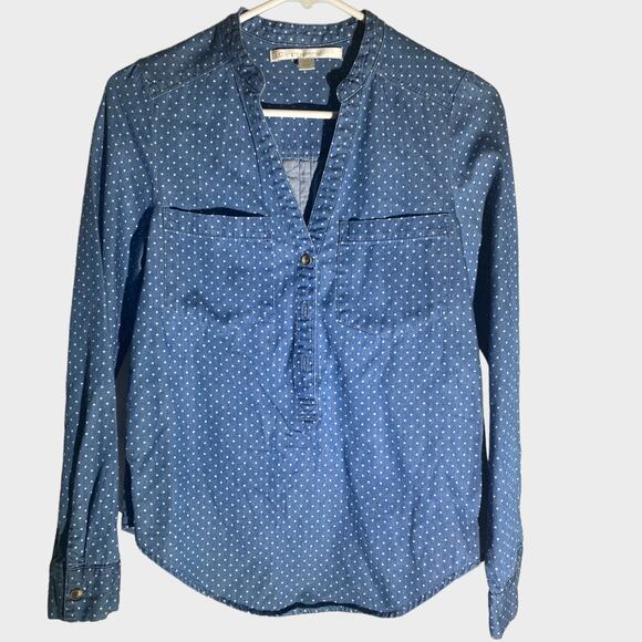 Lauren Conrad Womens XS Blue Chambray Shirt Small White Polka Dots - Picture 2 of 6